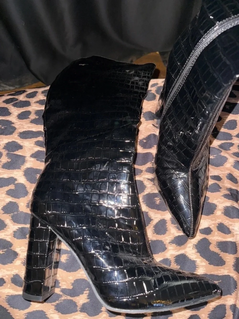 Black Croc-Embossed Knee-High Boots